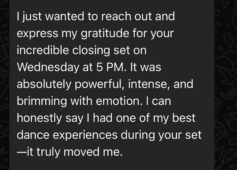 A dancer describes Sasha’s set as powerful, intense and brimming with emotion, saying it truly moved them