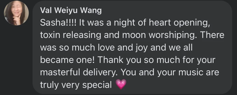 Val describes a night of heart opening, love and joy, and thanks Sasha for his music